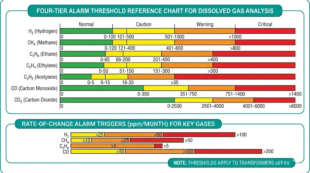 DGA alarm threshold chart showing normal, caution, warning, and critical ppm levels for seven transformer fault gases