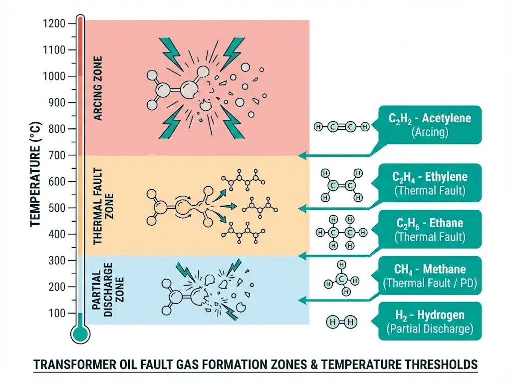 Dissolved gas analysis temperature chart showing hydrogen, methane, ethylene, and acetylene formation thresholds from 150°C to 1200°C