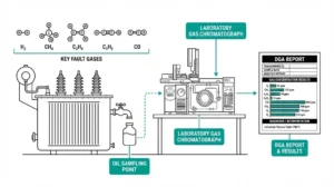 Dissolved gas analysis process diagram showing transformer oil sampling, gas chromatography, and DGA fault gas report interpretation