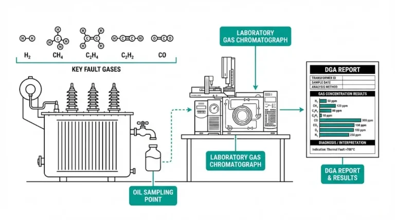 Dissolved gas analysis process diagram showing transformer oil sampling, gas chromatography, and DGA fault gas report interpretation