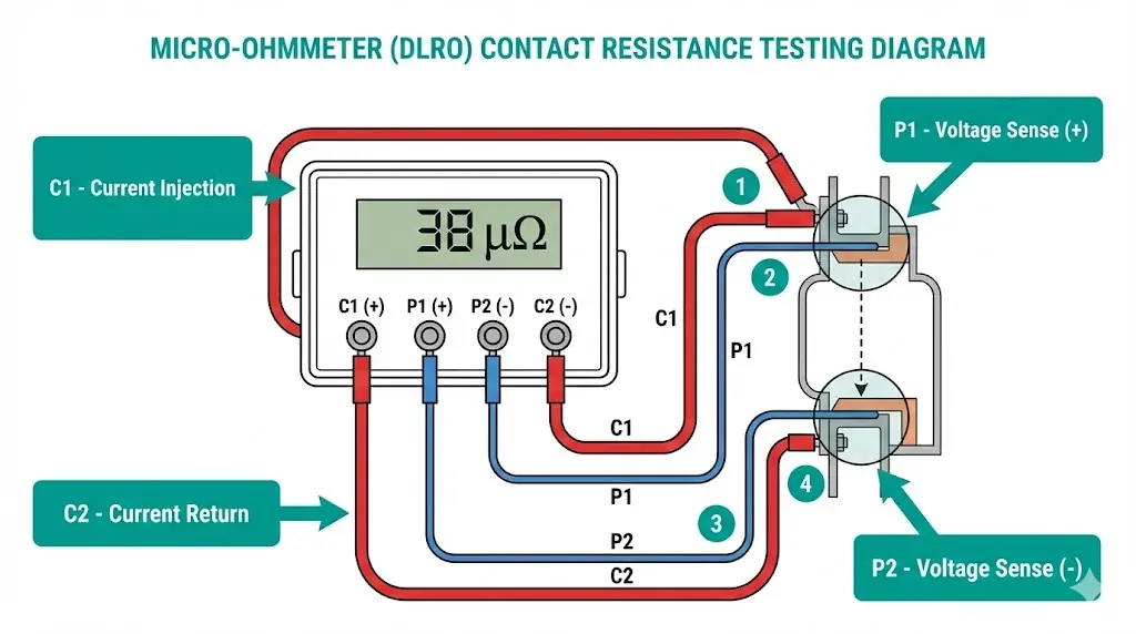 DLRO micro-ohmmeter connection diagram showing current injection leads and voltage sensing leads connected to circuit breaker contacts