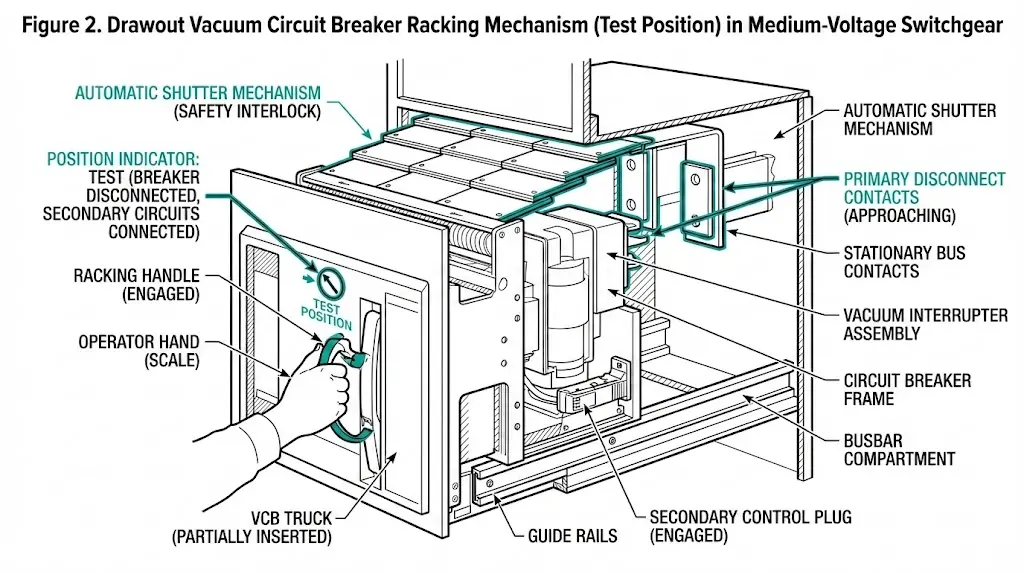 Drawout VCB racking mechanism showing guide rails, automatic shutter assembly, position indicator, and primary disconnect contacts in switchgear compartment
