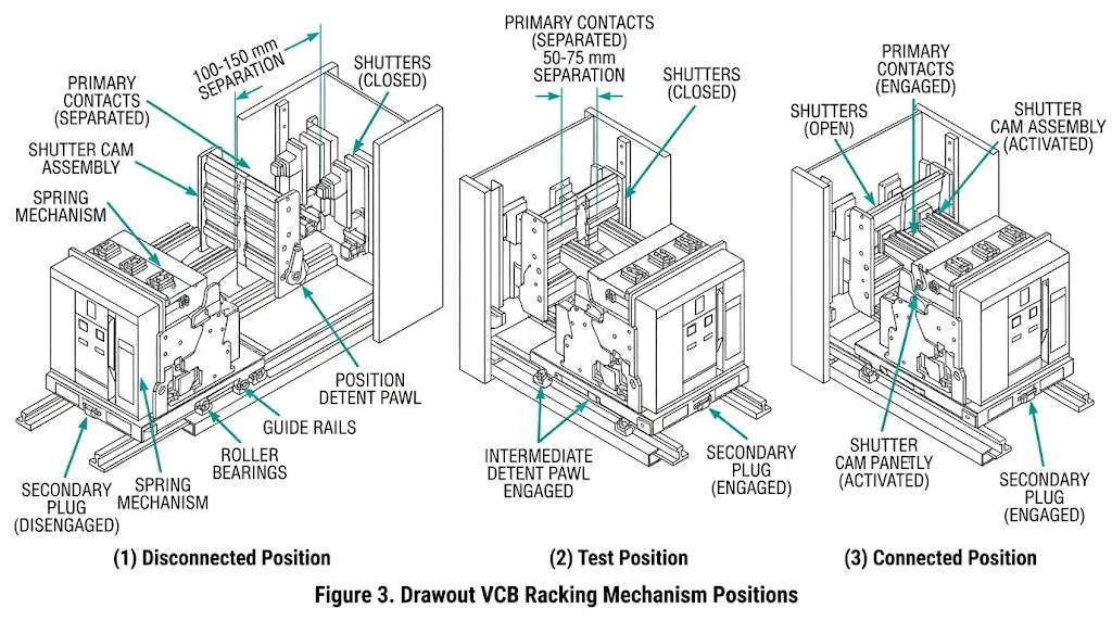 VCB automatic shutter mechanism in three states: closed with breaker withdrawn, transitioning during racking, and open with breaker connected