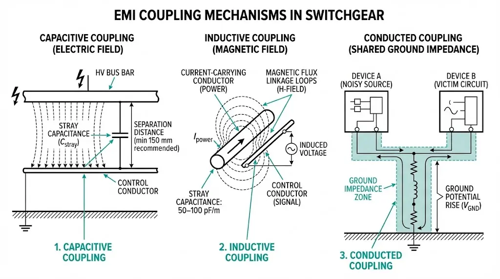 Diagramm der EMI-Kopplungsmechanismen mit Darstellung der kapazitiven, induktiven und leitungsgebundenen Störungspfade zwischen Leistungs- und Steuerleitern in Schaltanlagen