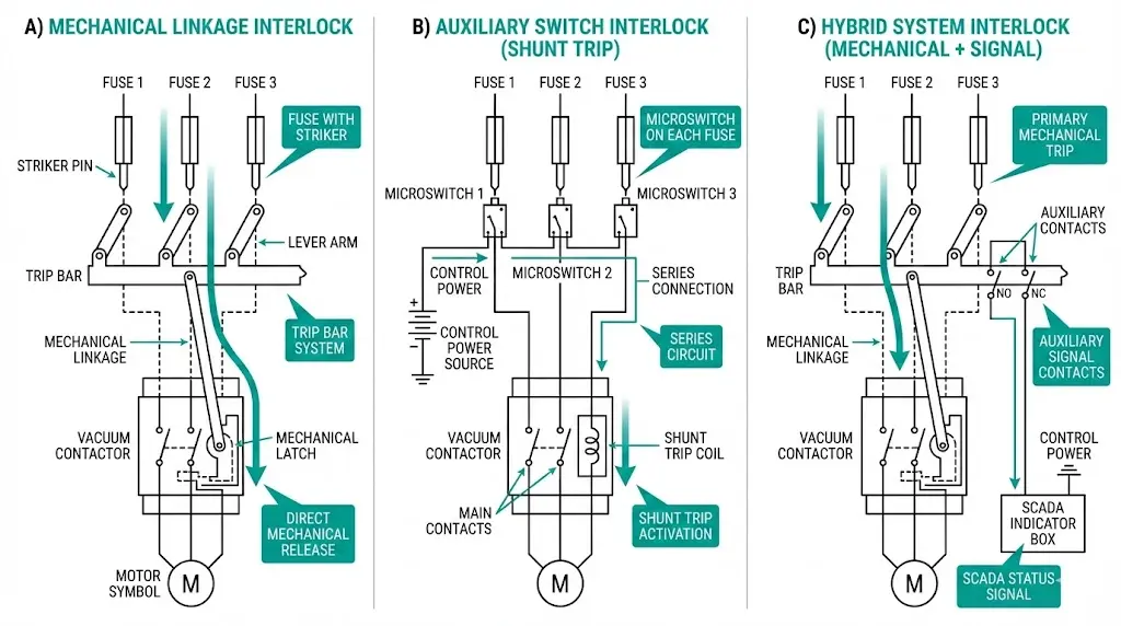 Three-panel schematic comparing mechanical linkage, auxiliary switch, and hybrid interlock configurations in fuse-contactor switchgear