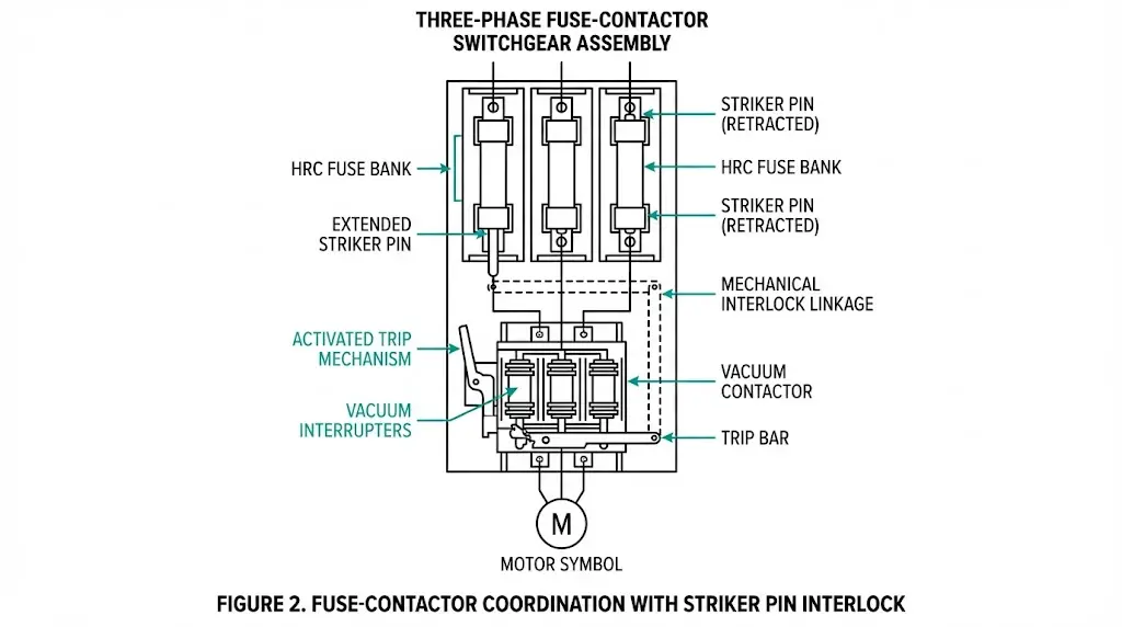 F-C switchgear assembly diagram showing HRC fuses with striker pins connected to vacuum contactor through mechanical interlock linkage