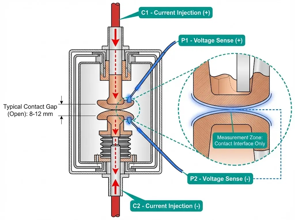 Four-wire Kelvin connection diagram showing C1 C2 current injection and P1 P2 voltage sensing at vacuum circuit breaker contact interface
