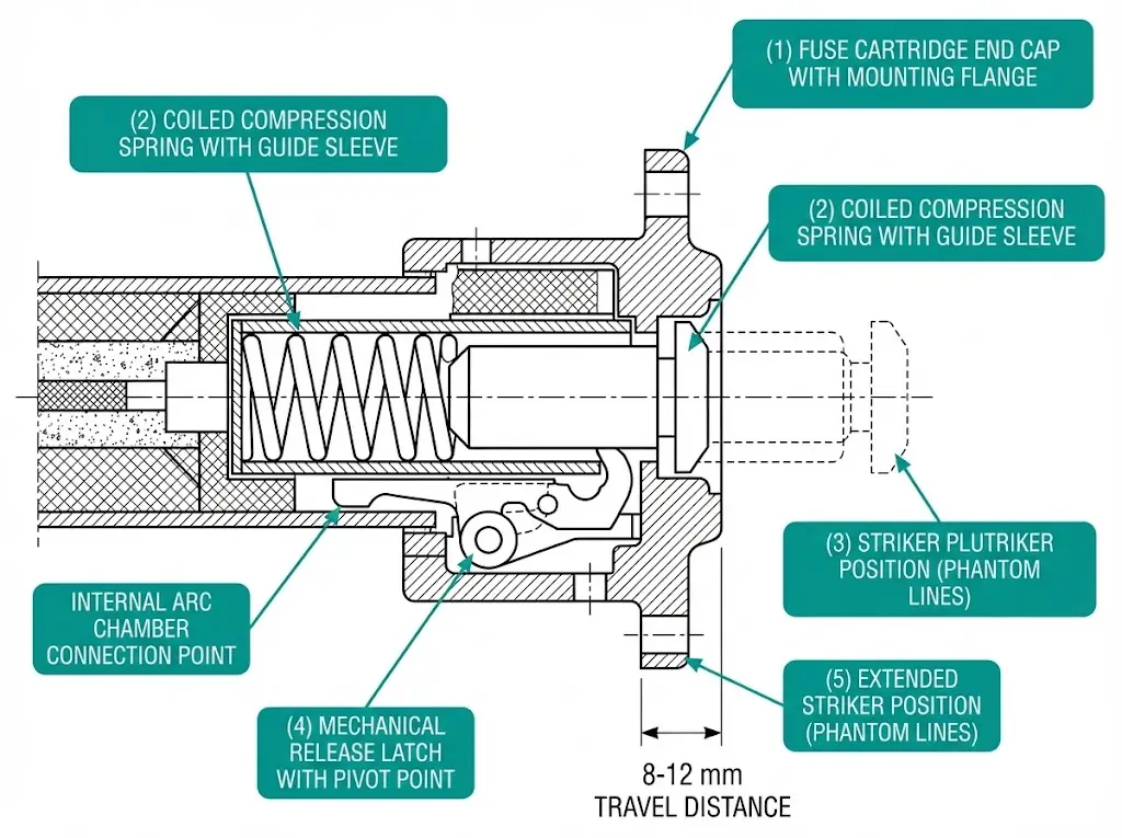 HRC fuse striker pin cross-section showing spring mechanism, release latch, and 8-12 mm travel distance for contactor trip actuation