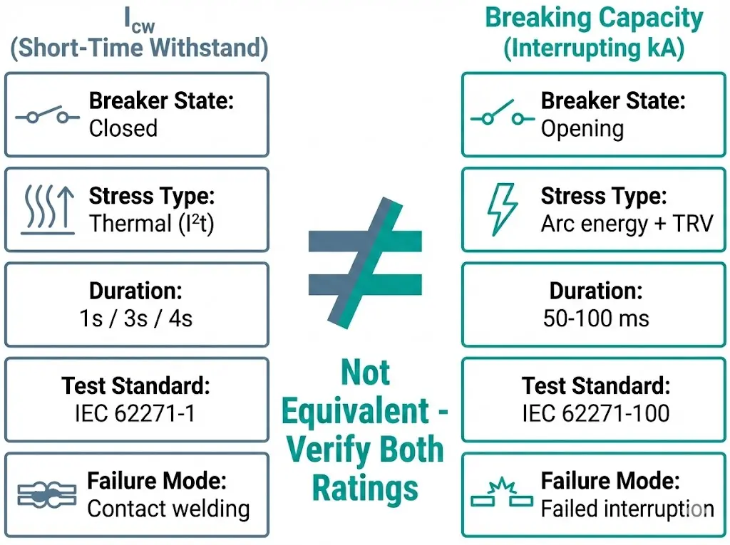 Infografik zum Vergleich von Icw- und Bruchlastparametern, einschließlich Belastungsart, Dauer und IEC-Prüfnormen