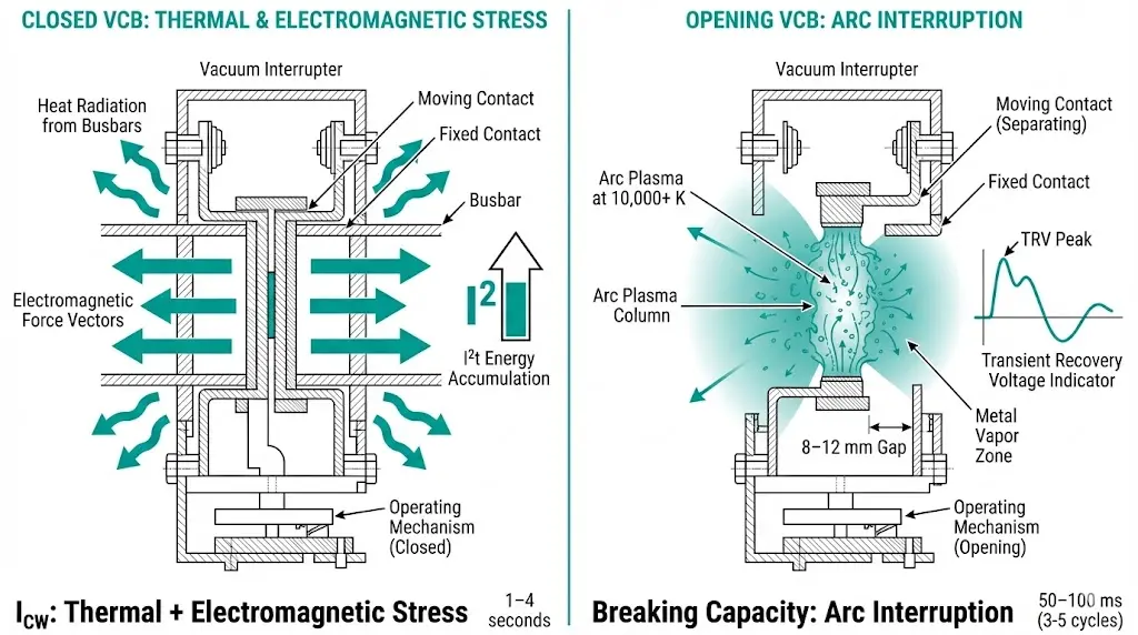 Aufgeteiltes Diagramm zum Vergleich der thermischen Icw-Belastung geschlossener VCB-Kontakte mit dem Lichtbogenplasma während der Unterbrechung der Schaltleistung