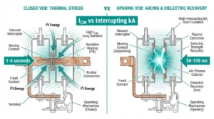 Vergleichsdiagramm zwischen der thermischen Belastbarkeit Icw und der Lichtbogenlöschung bei Vakuum-Leistungsschaltern in kA