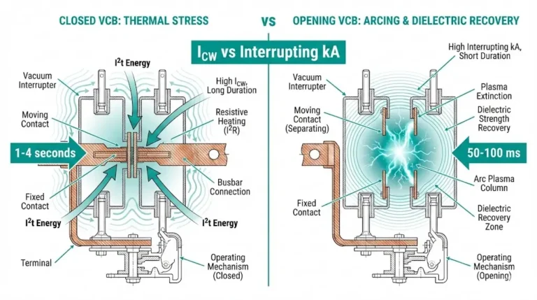 Vergleichsdiagramm zwischen der thermischen Belastbarkeit Icw und der Lichtbogenlöschung bei Vakuum-Leistungsschaltern in kA