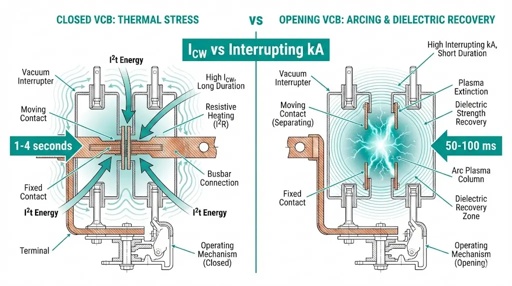 Vergleichsdiagramm zwischen der thermischen Belastbarkeit Icw und der Lichtbogenlöschung bei Vakuum-Leistungsschaltern in kA
