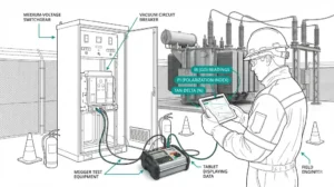 Field engineer interpreting IR PI and tan delta insulation test results on medium-voltage vacuum circuit breaker in substation