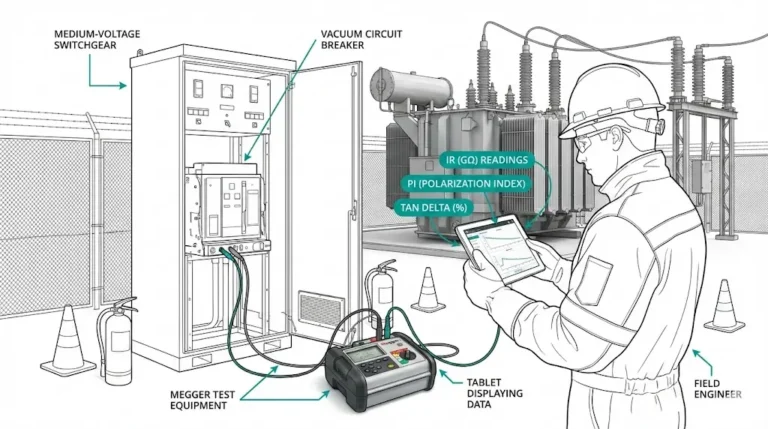 Field engineer interpreting IR PI and tan delta insulation test results on medium-voltage vacuum circuit breaker in substation