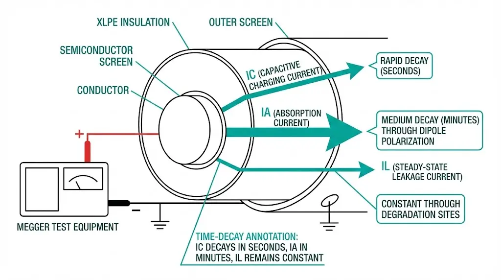Insulation resistance test diagram showing capacitive absorption and leakage current paths through XLPE cable cross-section