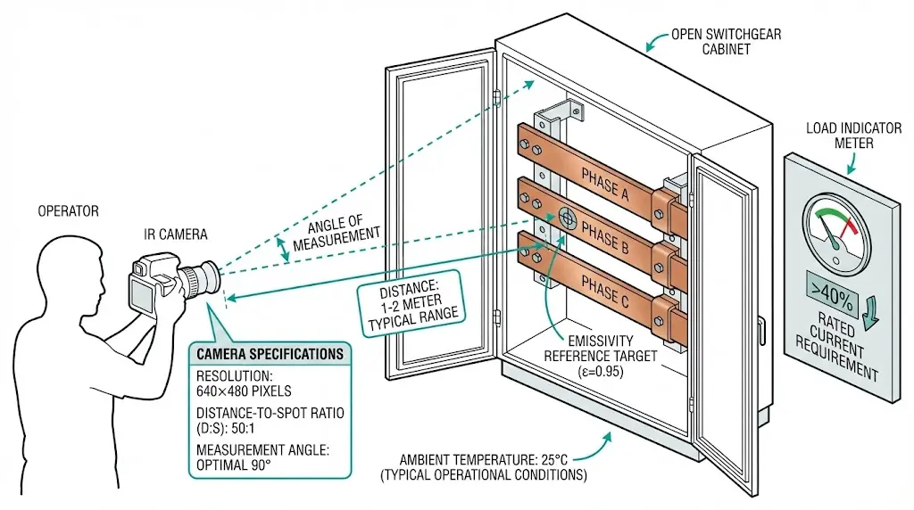 Diagramm zum Aufbau einer Infrarot-Thermografie-Untersuchung mit Angabe der Kamerapositionierung, des Messabstands, des Emissionsgrads und der Mindestlastanforderungen für die Prüfung von Stromschienen