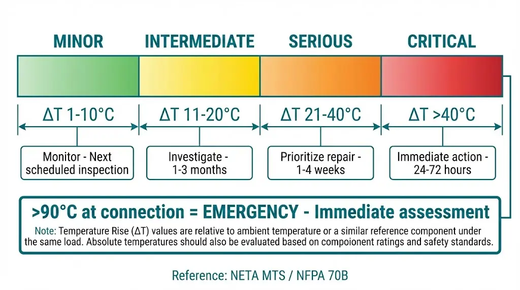 Farbcodierte IR-Thermografie-Schweregradskala mit Delta-T-Temperaturbereichen von geringfügig bis kritisch und entsprechenden Zeitplänen für Wartungsmaßnahmen