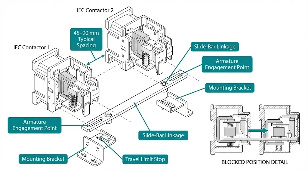 Exploded view of slide-bar mechanical interlock assembly showing linkage bar and mounting brackets between two IEC contactors