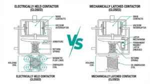Comparison diagram showing mechanically latched contactor with permanent magnet versus electrically held contactor with energized holding coil