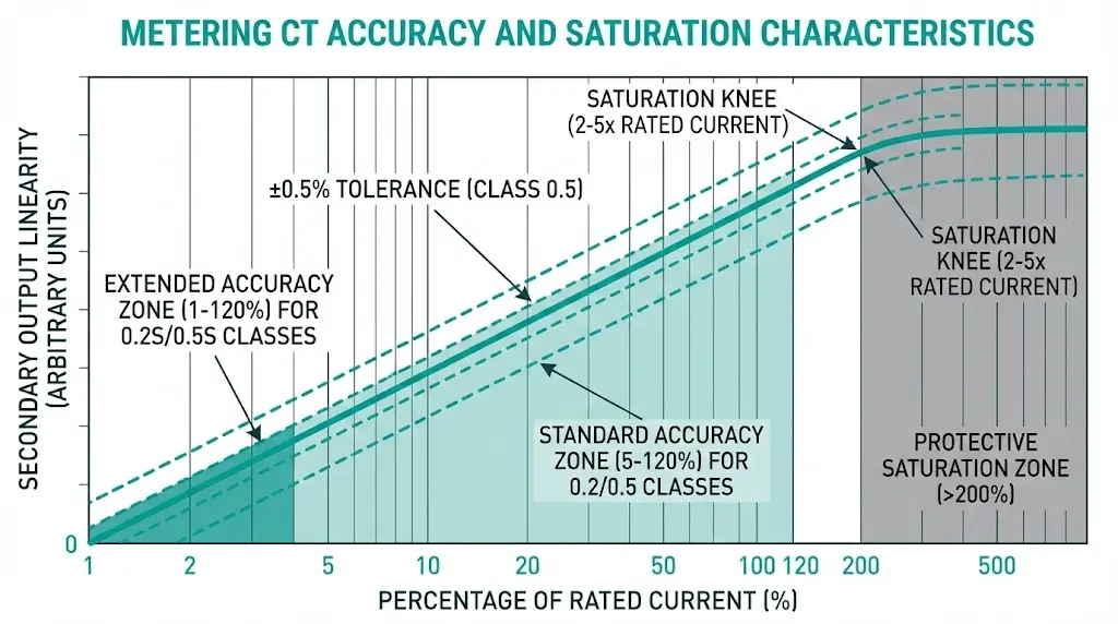 Metering CT accuracy curve showing 0.2S and 0.5S extended range from 1-120% rated current with protective saturation zone above 200%