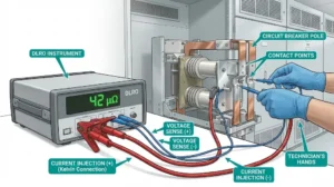 Micro-ohm contact resistance testing setup with DLRO instrument connected to vacuum circuit breaker using four-wire Kelvin leads
