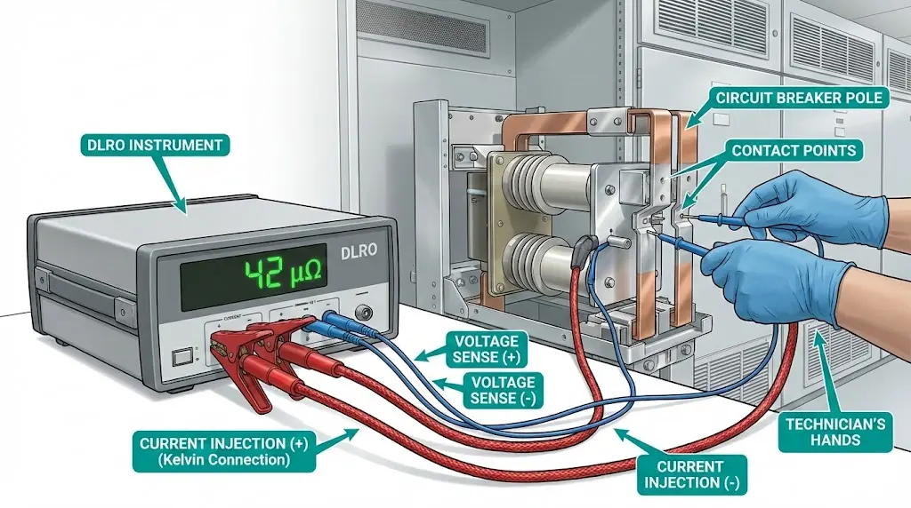 Micro-ohm contact resistance testing setup with DLRO instrument connected to vacuum circuit breaker using four-wire Kelvin leads