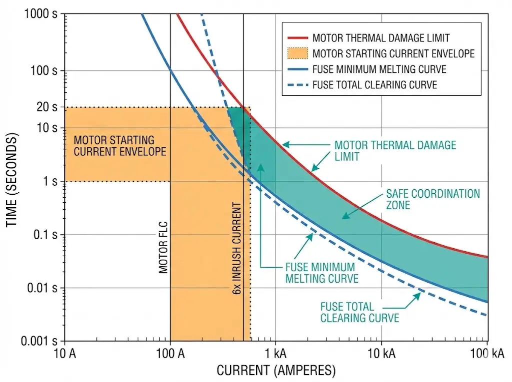 Time-current coordination curves for motor protection showing fuse melting characteristics, motor thermal limit, and inrush envelope with safe zone