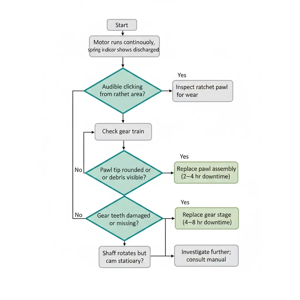 Diagnostic flowchart for troubleshooting spring charging motor that runs but fails to compress closing spring in circuit breaker