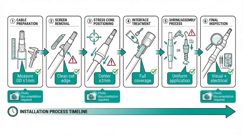 Installation quality checkpoint diagram showing six critical stages requiring verification and photographic documentation for MV cable accessory installation