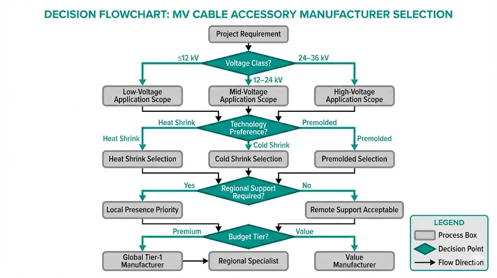 Decision flowchart for selecting MV cable accessory manufacturers based on voltage class, technology preference, and regional support requirements