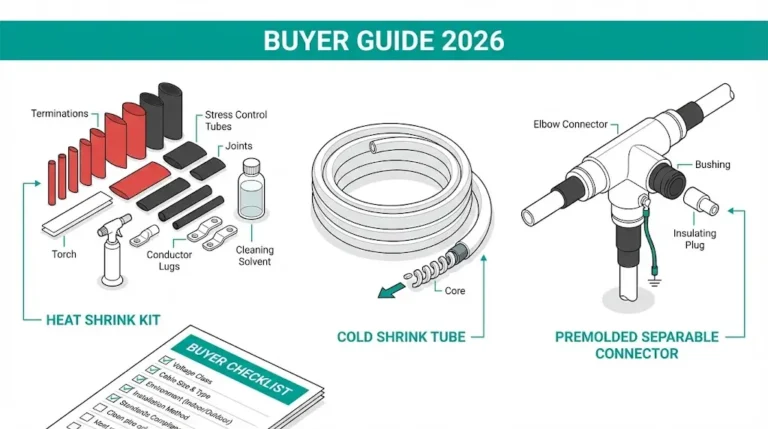 MV cable termination cross-section diagram showing semiconductor cutback zone, stress cone geometry, and electric field distribution lines
