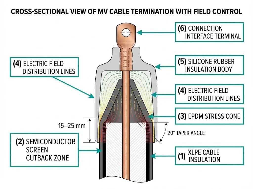 MV cable termination cross-section diagram showing semiconductor cutback zone, stress cone geometry, and electric field distribution lines