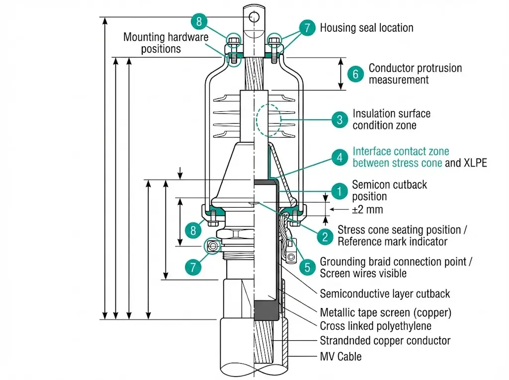 Annotated MV cable termination diagram showing eight pre-energization inspection points with measurement tolerances for quality verification