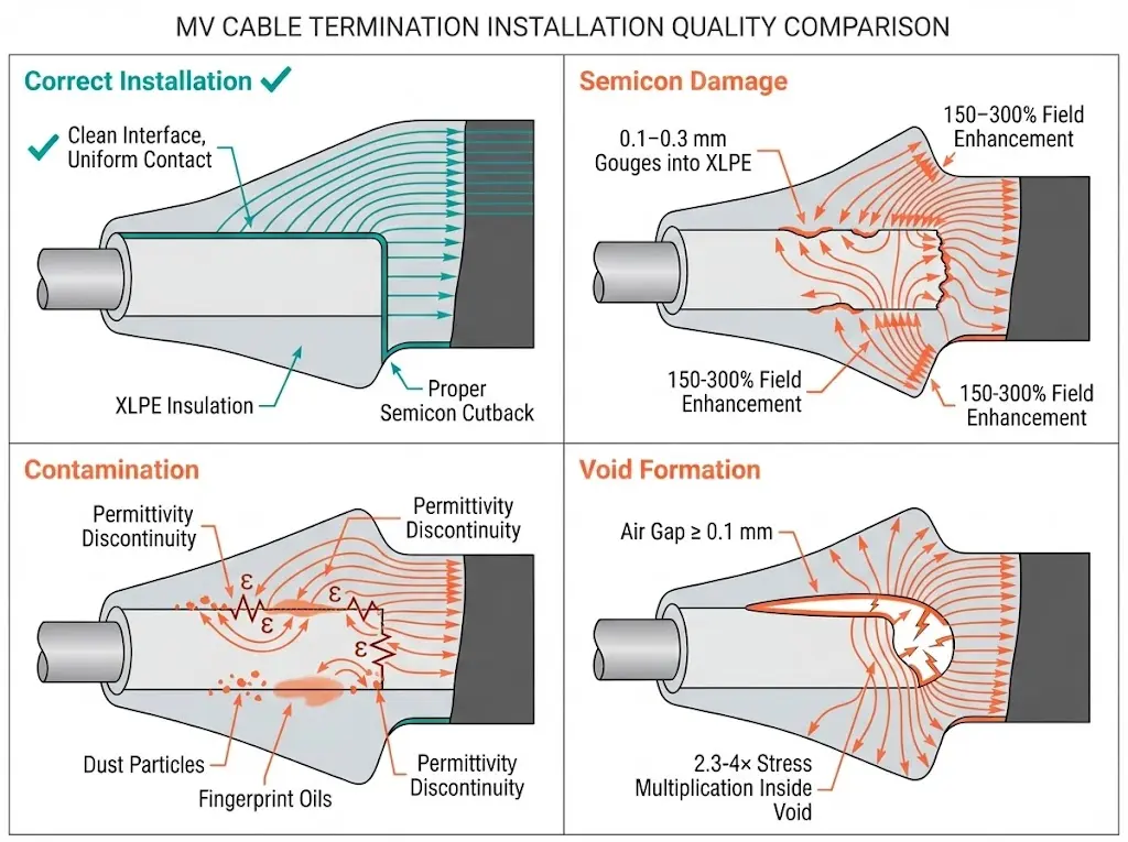 Four-panel comparison of correct MV cable termination installation versus semiconductive damage, interface contamination, and void formation defects