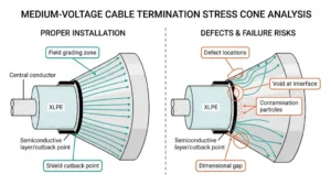 MV cable termination cross-section showing stress cone field grading and three common installation defects causing partial discharge