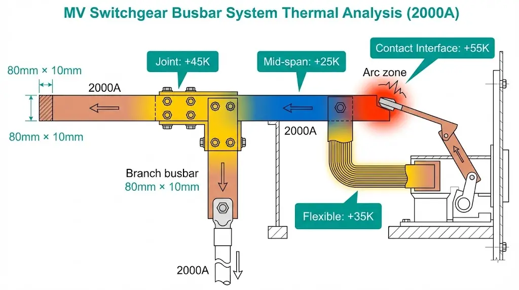 Thermal distribution diagram showing heat concentration at busbar joints, contact interfaces, and flexible connections in MV switchgear panels