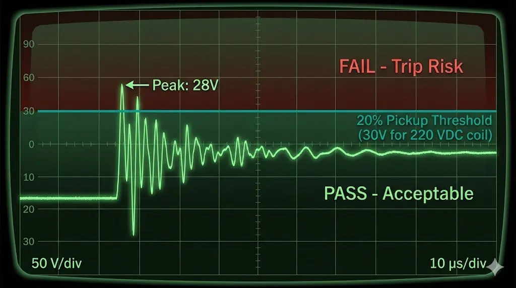 Oszilloskop-Screenshot mit akzeptablem Rauschpegel an der Auslösespulenschaltung mit 20%-Ansprechschwelle zur EMV-Prüfung