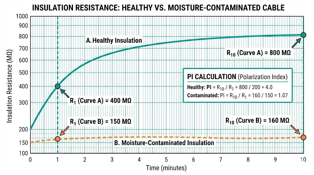 Time-resistance curve graph comparing healthy insulation rising PI above 4.0 versus moisture-contaminated flat response below 1.5