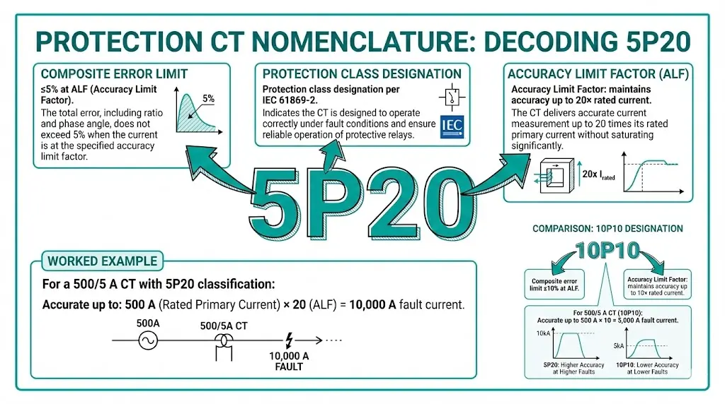 Protection CT 5P20 nomenclature breakdown showing composite error limit, protection class indicator, and accuracy limit factor components