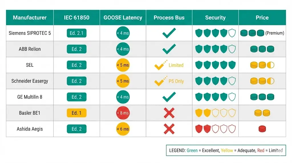 Protection relay manufacturer comparison matrix showing IEC 61850 edition, GOOSE latency, process bus capability, and cybersecurity ratings