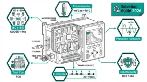 Protection relay manufacturers comparison showing numerical relay with IEC 61850 ports for MV switchgear selection guide