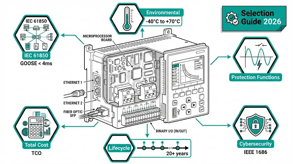 Protection relay manufacturers comparison showing numerical relay with IEC 61850 ports for MV switchgear selection guide
