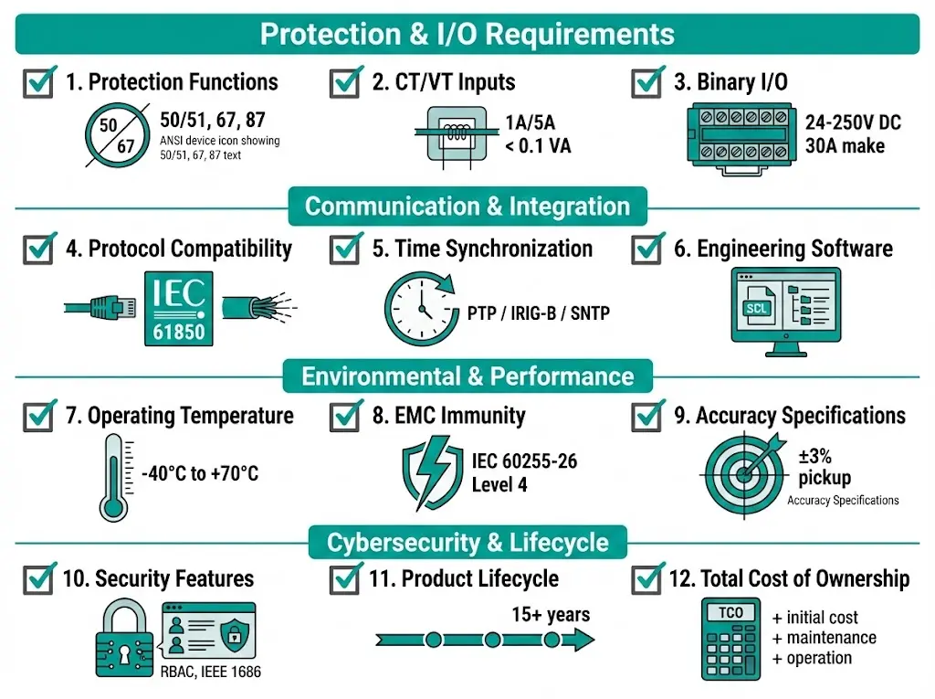 12-point protection relay selection checklist infographic covering protection functions, communication protocols, environmental specs, and lifecycle factors