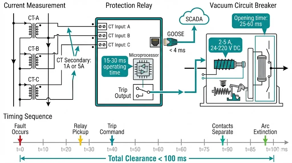 Protection relay integration with vacuum circuit breaker showing trip coil connection, CT inputs, and fault clearance timing coordination