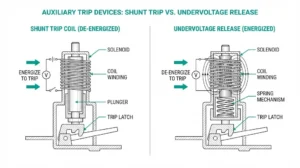 Comparison diagram of shunt trip coil and undervoltage release mechanisms in medium-voltage circuit breaker panel