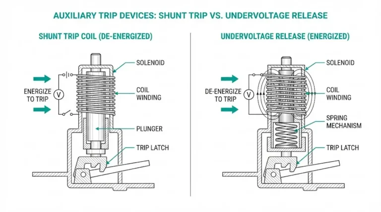 Comparison diagram of shunt trip coil and undervoltage release mechanisms in medium-voltage circuit breaker panel