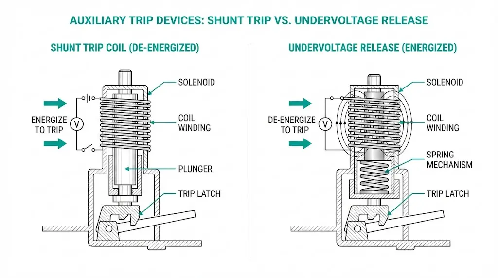 Comparison diagram of shunt trip coil and undervoltage release mechanisms in medium-voltage circuit breaker panel