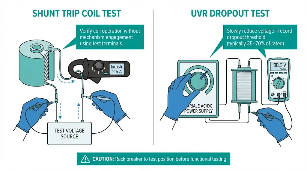 Maintenance test setups showing current clamp measurement for shunt trip coil and variable voltage source for UVR dropout verification
