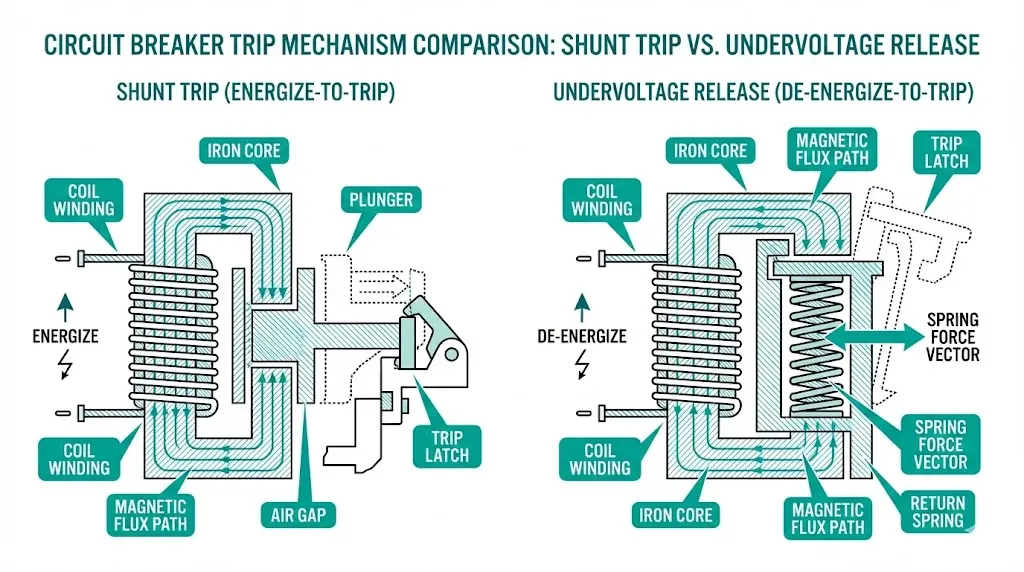 Cross-section diagrams showing shunt trip electromagnetic plunger action and undervoltage release spring-loaded latch mechanism
